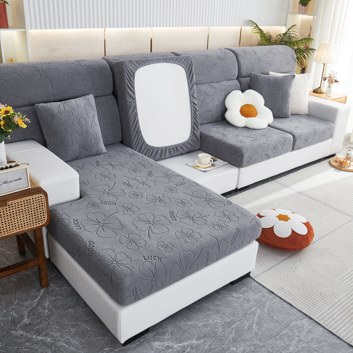 Lucky Clover Slipcover Non-Slip Stretch Jacquard Polar Fleece Sofa Cover for Pets, Cushions, Couches