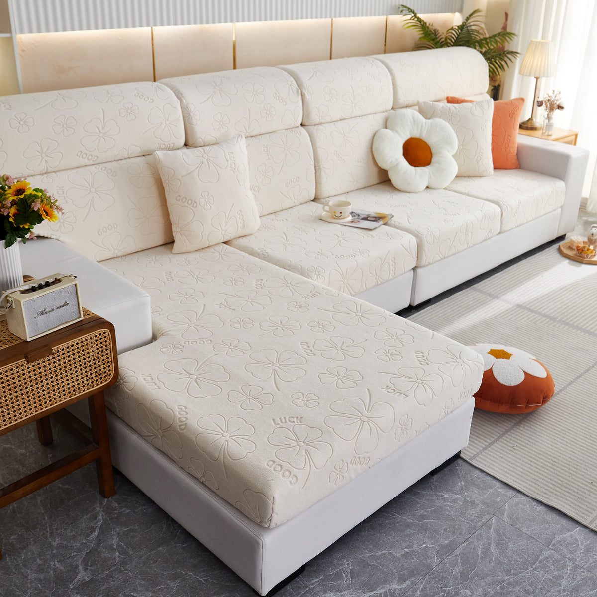 Lucky Clover Slipcover Non-Slip Stretch Jacquard Polar Fleece Sofa Cover for Pets, Cushions, Couches