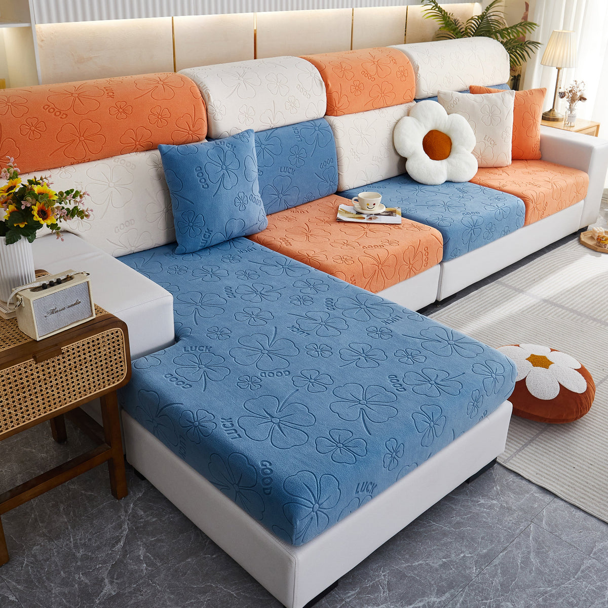 Lucky Clover Slipcover Non-Slip Stretch Jacquard Polar Fleece Sofa Cover for Pets, Cushions, Couches