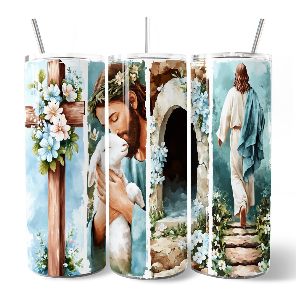 Jesus has Risen 20oz Personalized Tumbler With Lid and Stainless Steel Straw, Easter Blue Brushstrokes Spring Gift Cup