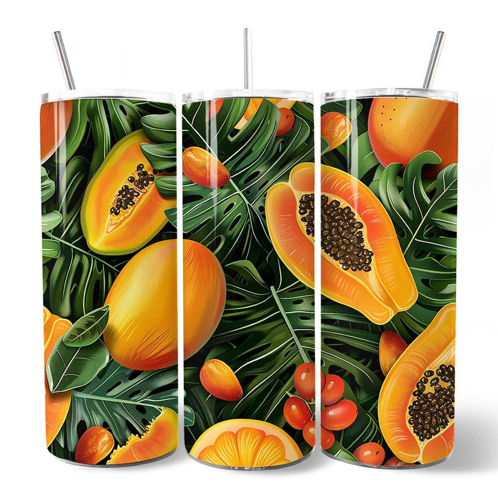 Tropical Papaya, Mango and Citrus 20oz Personalized Tumbler With Lid and Stainless Steel Straw, Exotic Summer Fruit Gift Cup