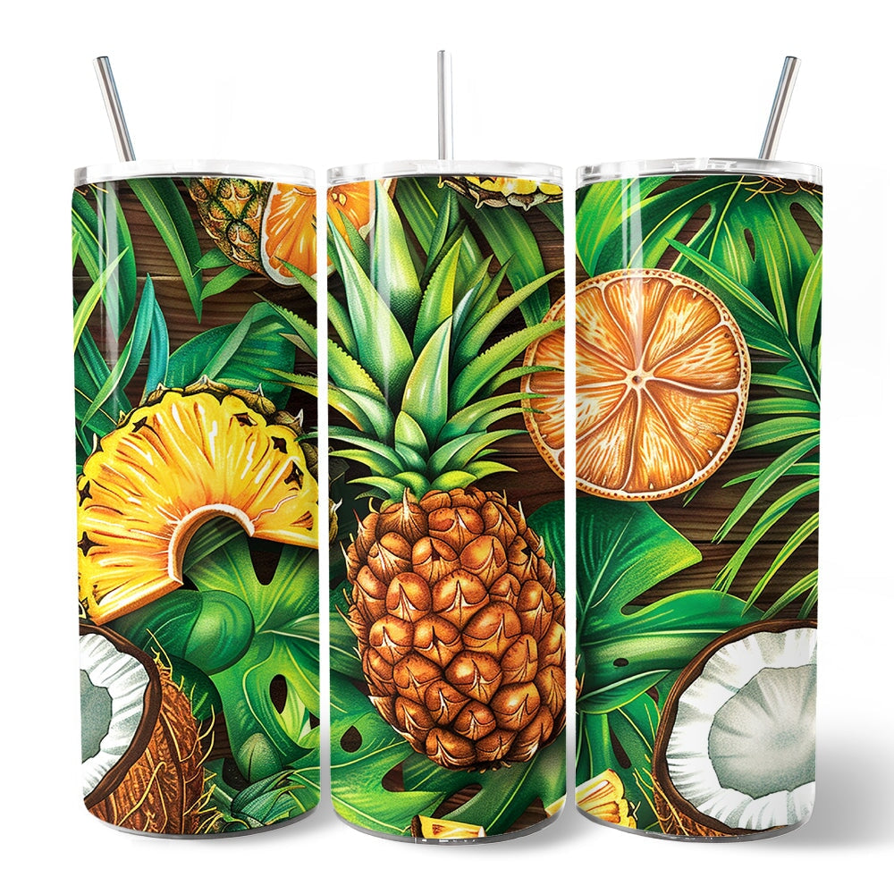 Tropical Pineapple, Citrus and Coconut 20oz Personalized Tumbler With Lid and Stainless Steel Straw, Exotic Summer Fruit Gift Cup