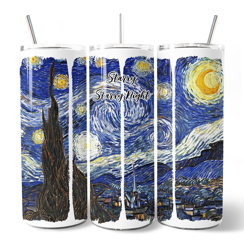 Vincent Van Gogh The Starry Night 20oz Personalized Tumbler With Lid and Stainless Steel Straw, Famous Post-Impressionism Painting Gift Cup