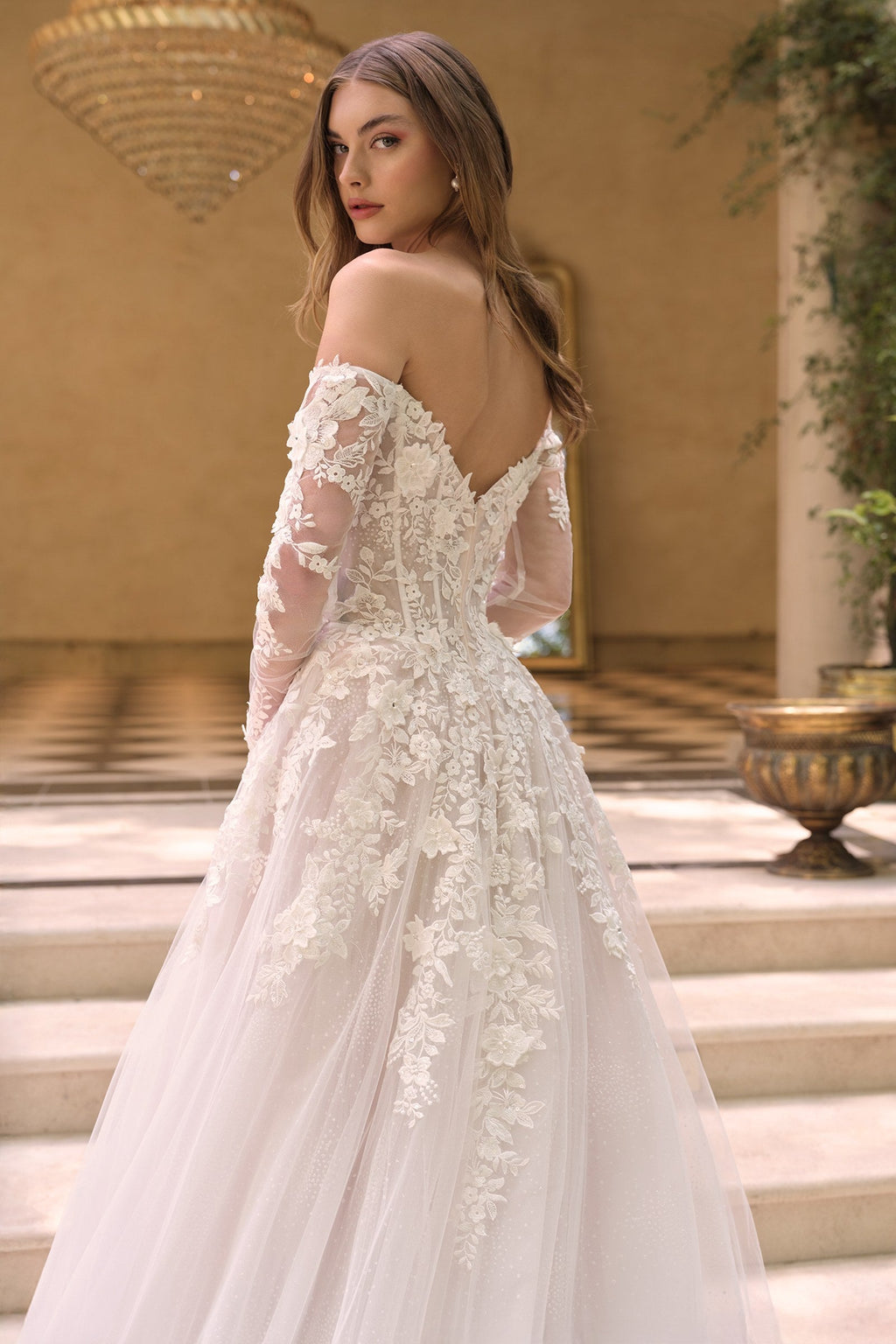 Andrea & Leo WL067 Off the Shoulder Sheer Illusion Sleeves Wedding Ball Gown