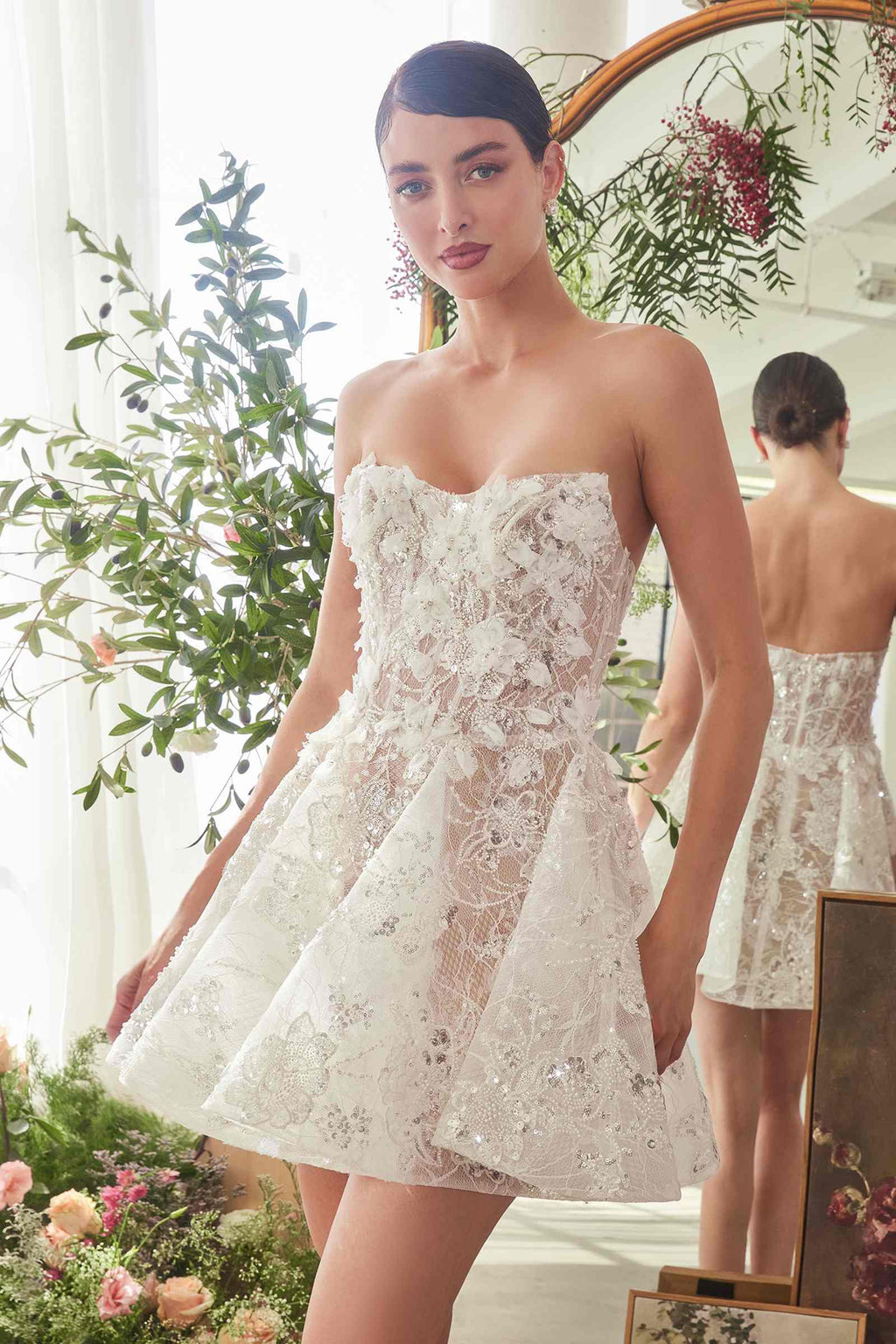 Andrea & Leo WL082 Bridal Mini A-Line Dress With Floral Applique