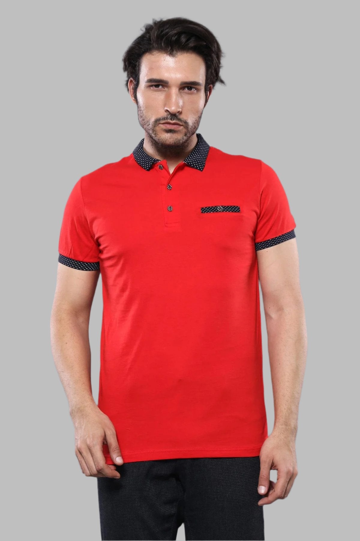 Navy Detailed Men's Polo T-Shirt Red | Wessi