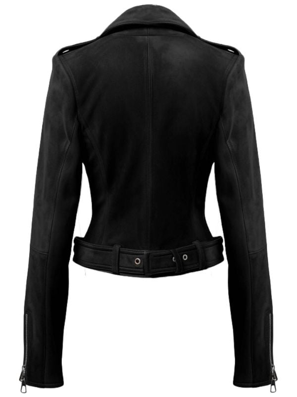 Women Biker Black Suede Leather Jacket
