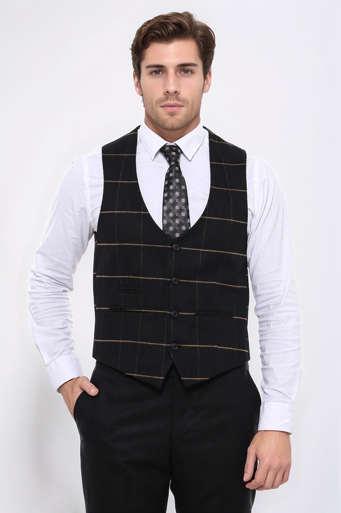 Checked V Neck Black Vest - Wessi