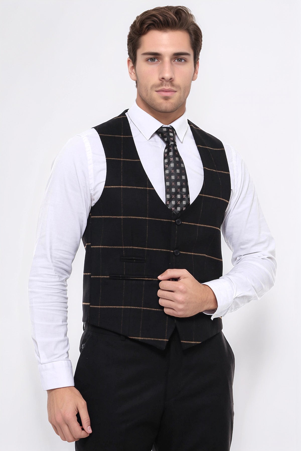 Checked V Neck Black Vest - Wessi