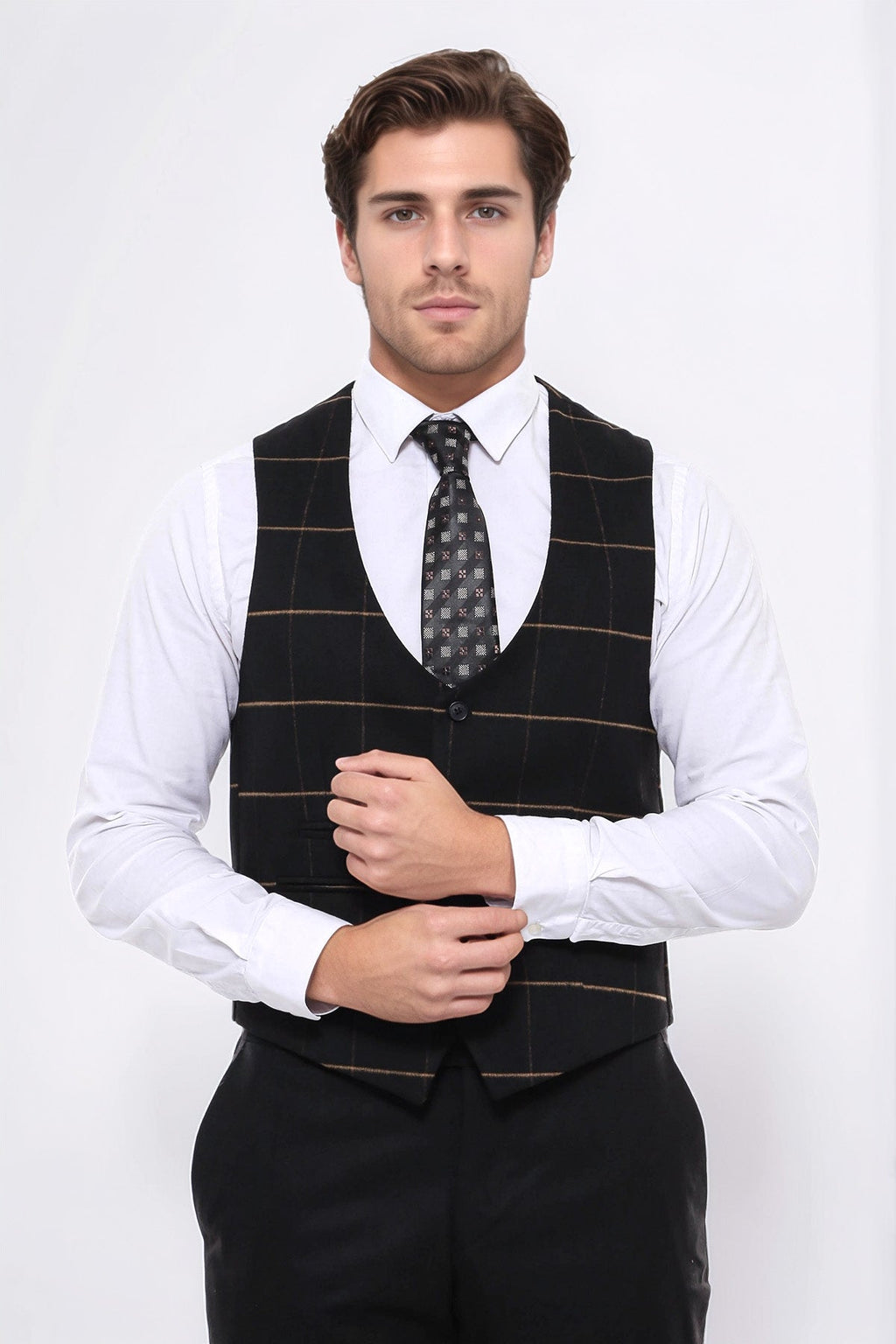 Checked V Neck Black Vest - Wessi