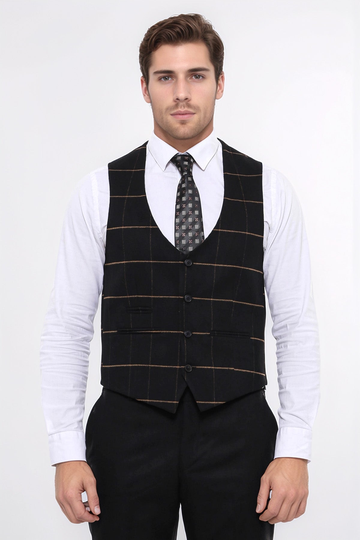 Checked V Neck Black Vest - Wessi