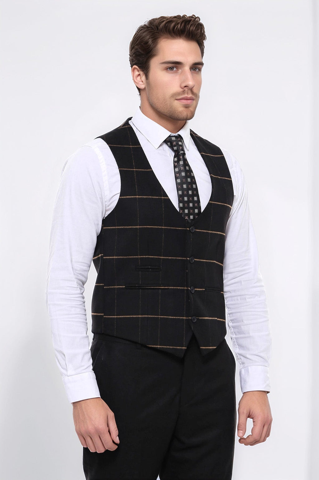 Checked V Neck Black Vest - Wessi
