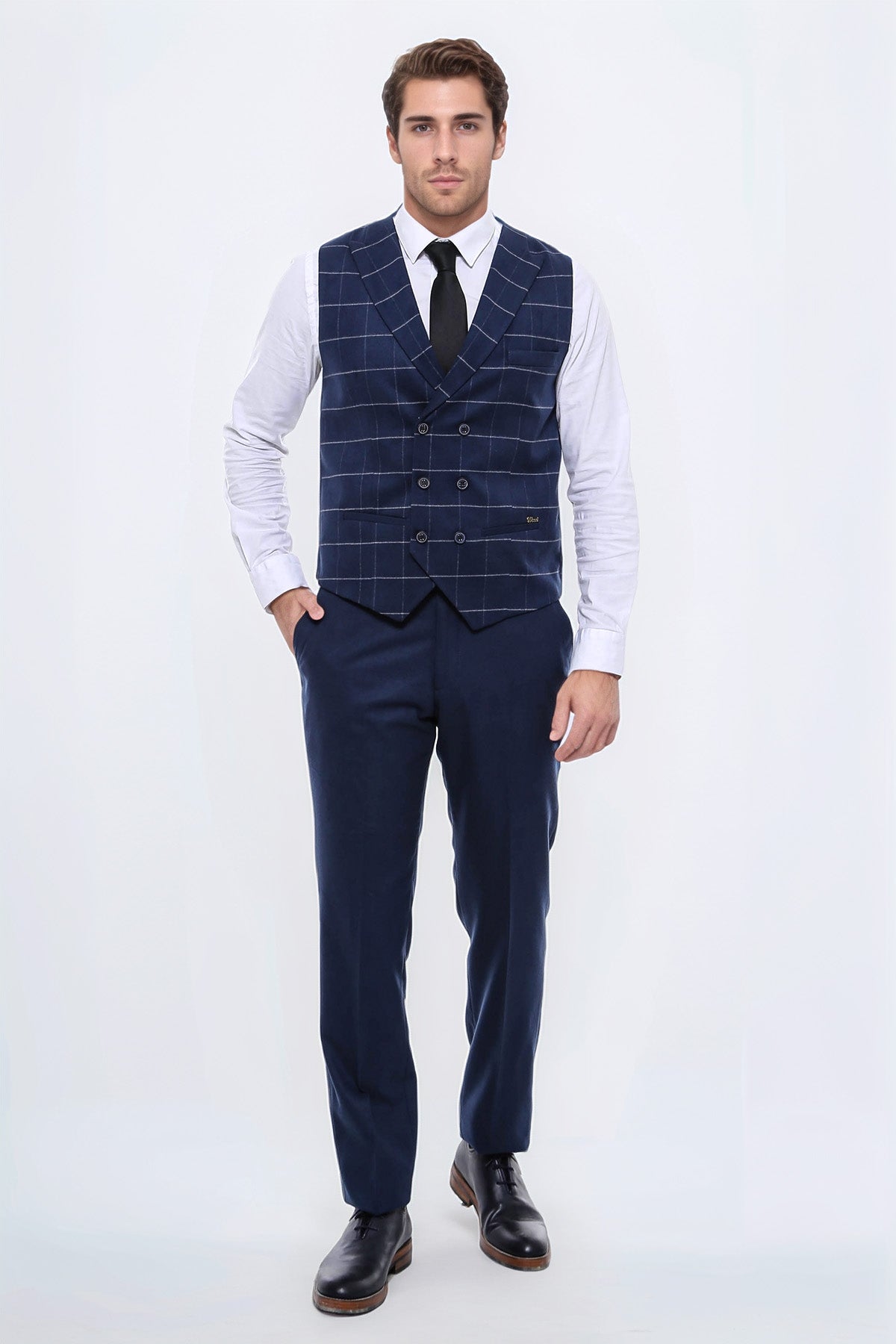 Double Breasted Plaid Blue Men Vest - Wessi