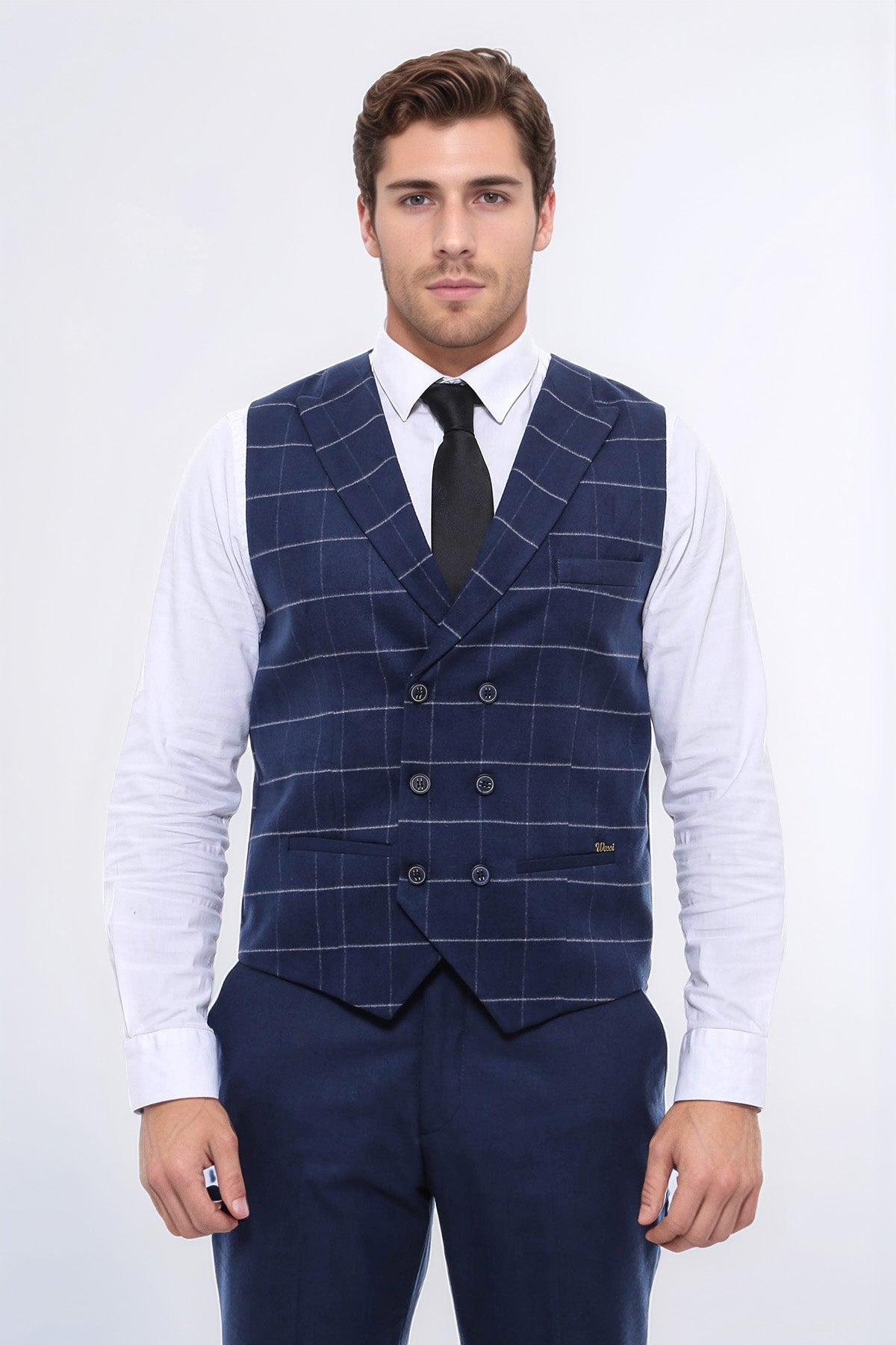 Double Breasted Plaid Blue Men Vest - Wessi