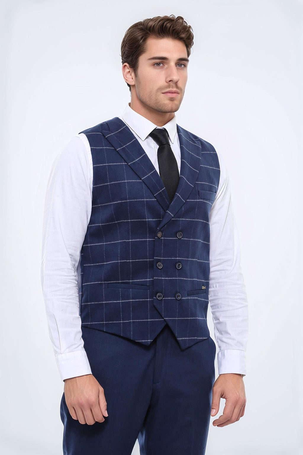 Double Breasted Plaid Blue Men Vest - Wessi