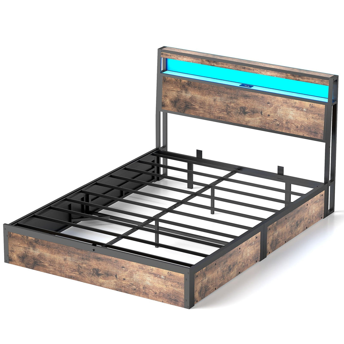 Frame With Hydraulic Lift Storage, RGB LED Lights & Multi-Port Charging, No Box Spring Needed