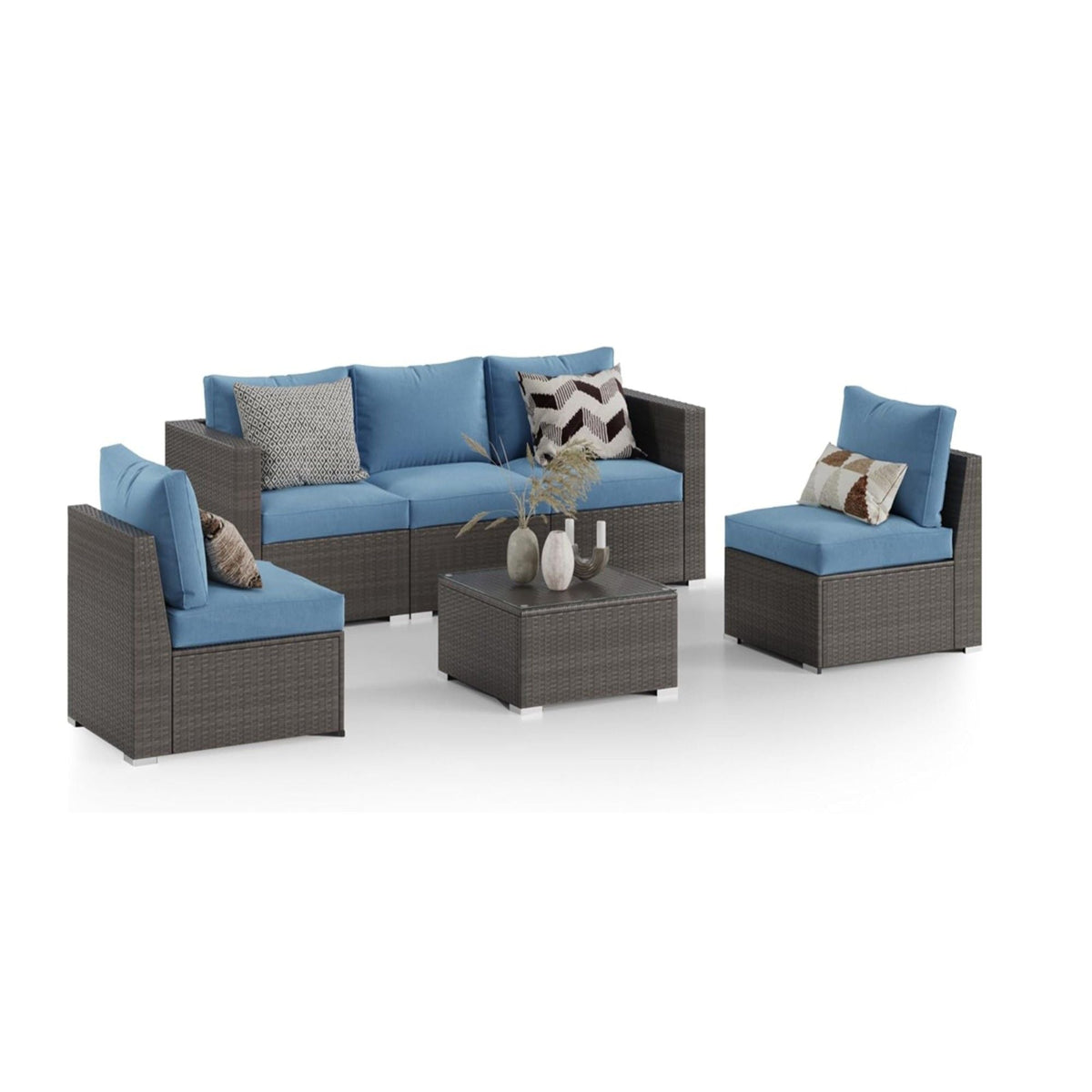2 Piece Patio Loveseat Set With Thick Cushions, Outdoor Sectional Sofa For Balcony - Blue / Brown