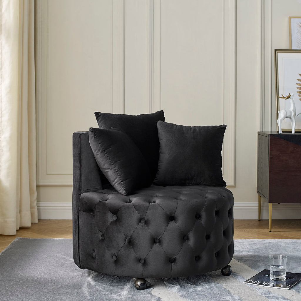 Modern Upholstered Swivel Chair With Button Tufted Design And Movable Wheels