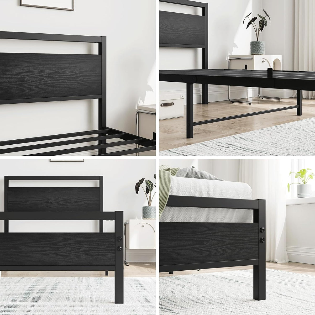 Black Twin Bed Frame with Wood Headboard,Metal Single Platform Bed Frame Twin Size No Box Spring Needed,Heavy Duty Metal Slats Support,Mattress Base,Noise Free,Easy Assembly,Black