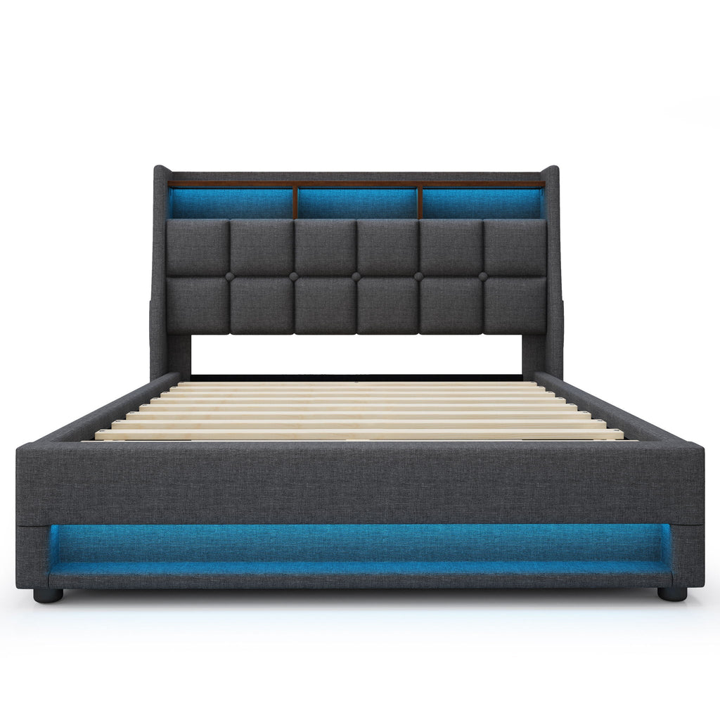 Platform Bed With Hydraulic Storage, LED Lighting & Charging Station