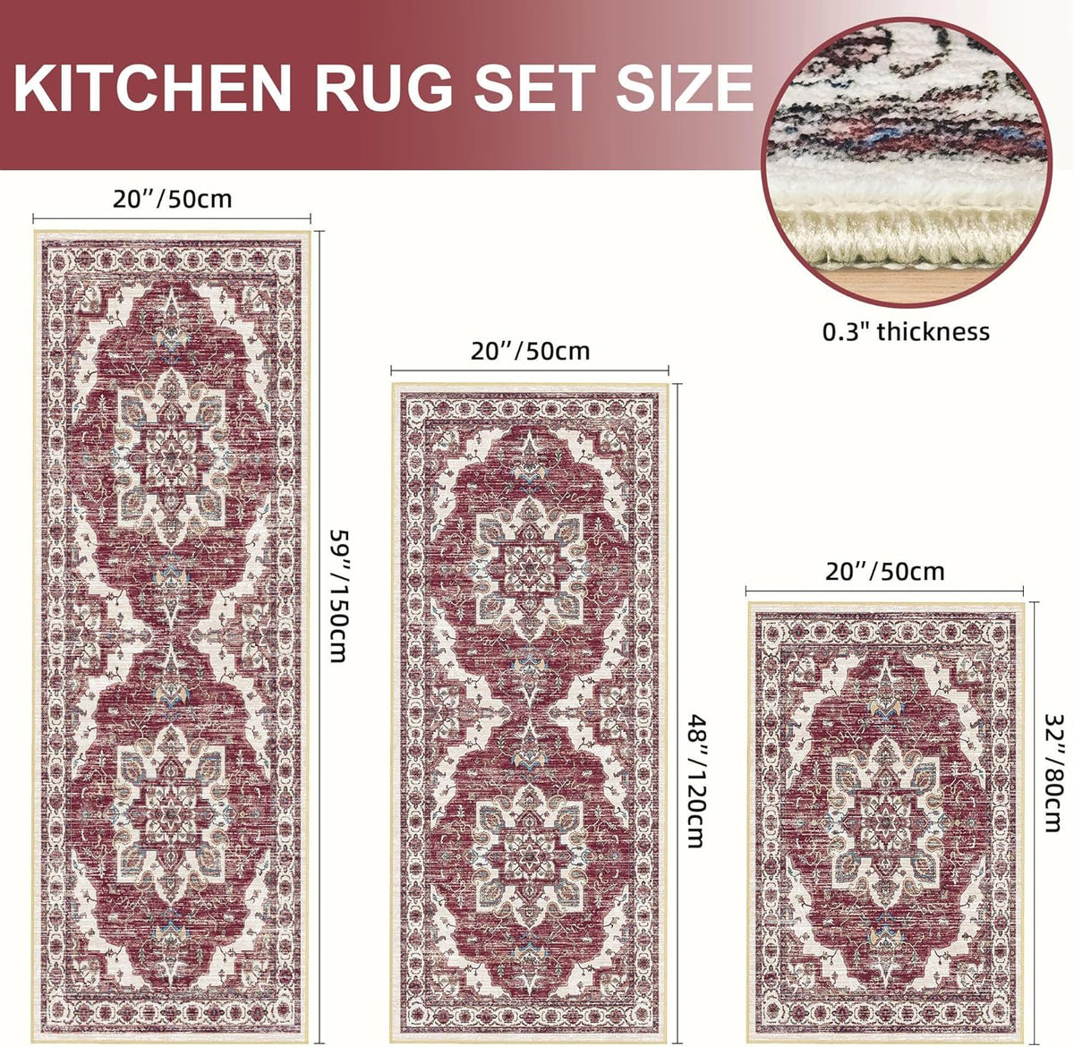 Non Slip Kitchen Rugs Sets of 3 Washable Kitchen Rug Boho Kitchen Mats for Floor Soft Kitchen Runner Rug Non Skid Kitchen Floor Carpet for Entryway Hallway Laundry Room, Brick Red
