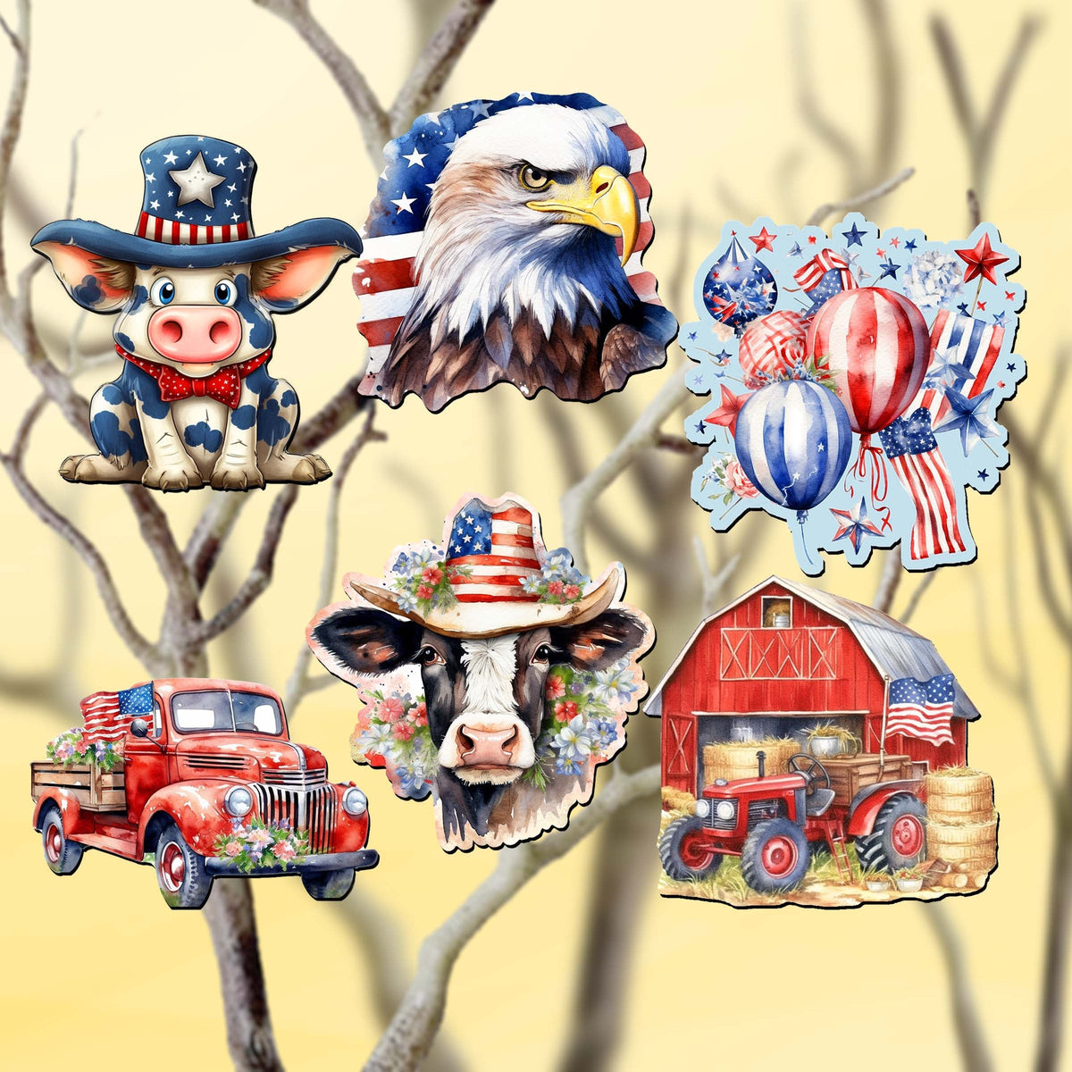 American flag Clip-On Eco Wood Decorative Ornaments Set of 6 by G. Debrekht - Patriotic Decor - 8090002C-S6