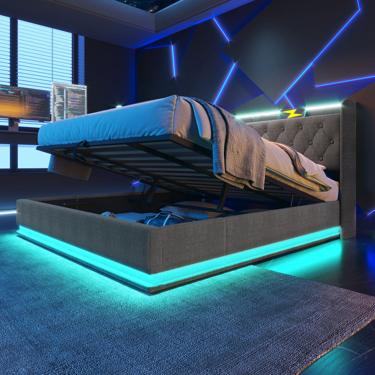 Upholstered Bed, 360 Surround LED Function, Remote Control, Hydraulic Storage Bed With USB, Type-C Charging (Without Mattress)