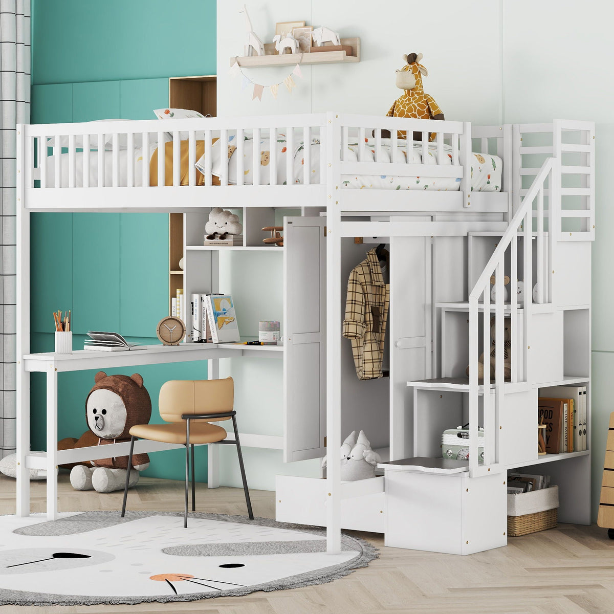 Loft Bed With Bookshelf, Drawers, Desk, And Wardrobe