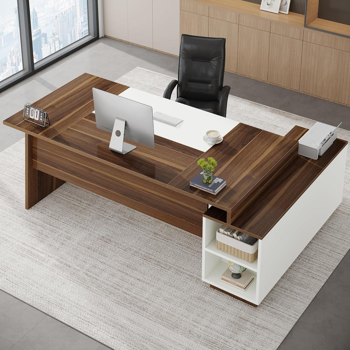 L-Shaped Executive Desk With Storage Cabinet And Shelves For Home Office - White / Walnut