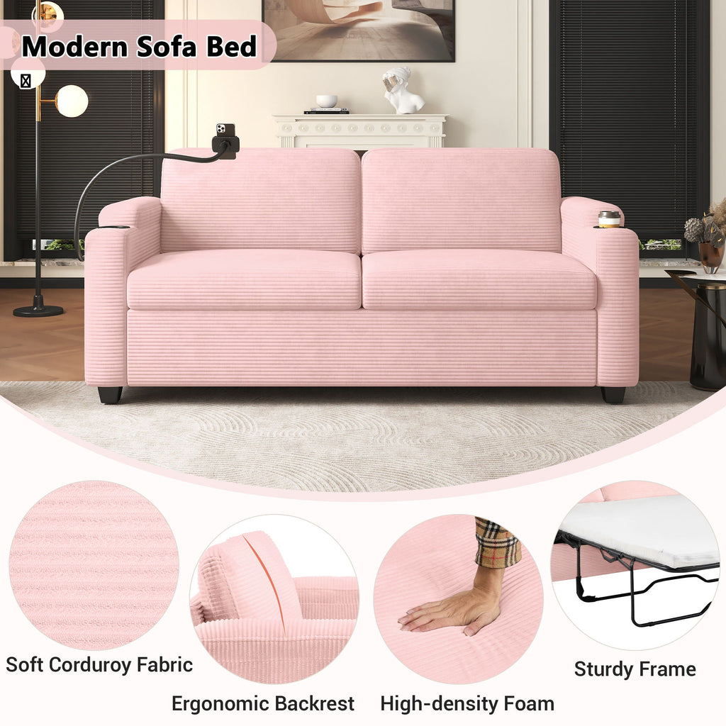 Sleeper Sofa Loveseat Sofa With Full Size Mattress, 2 USB Ports, 2 Cup Holders, 2 Side Pockets And Phone Holder