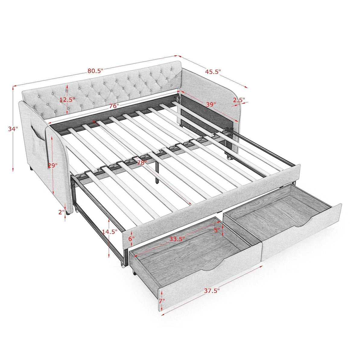 Daybed With Trundle And Storage Drawers, Flat Arms With Pocket