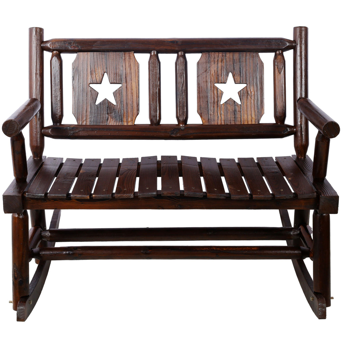 Rustic Outdoor Wood Rocking Bench Double Rocking Chair For 2 Persons With Curved Seat, Porch Rocker - Brown