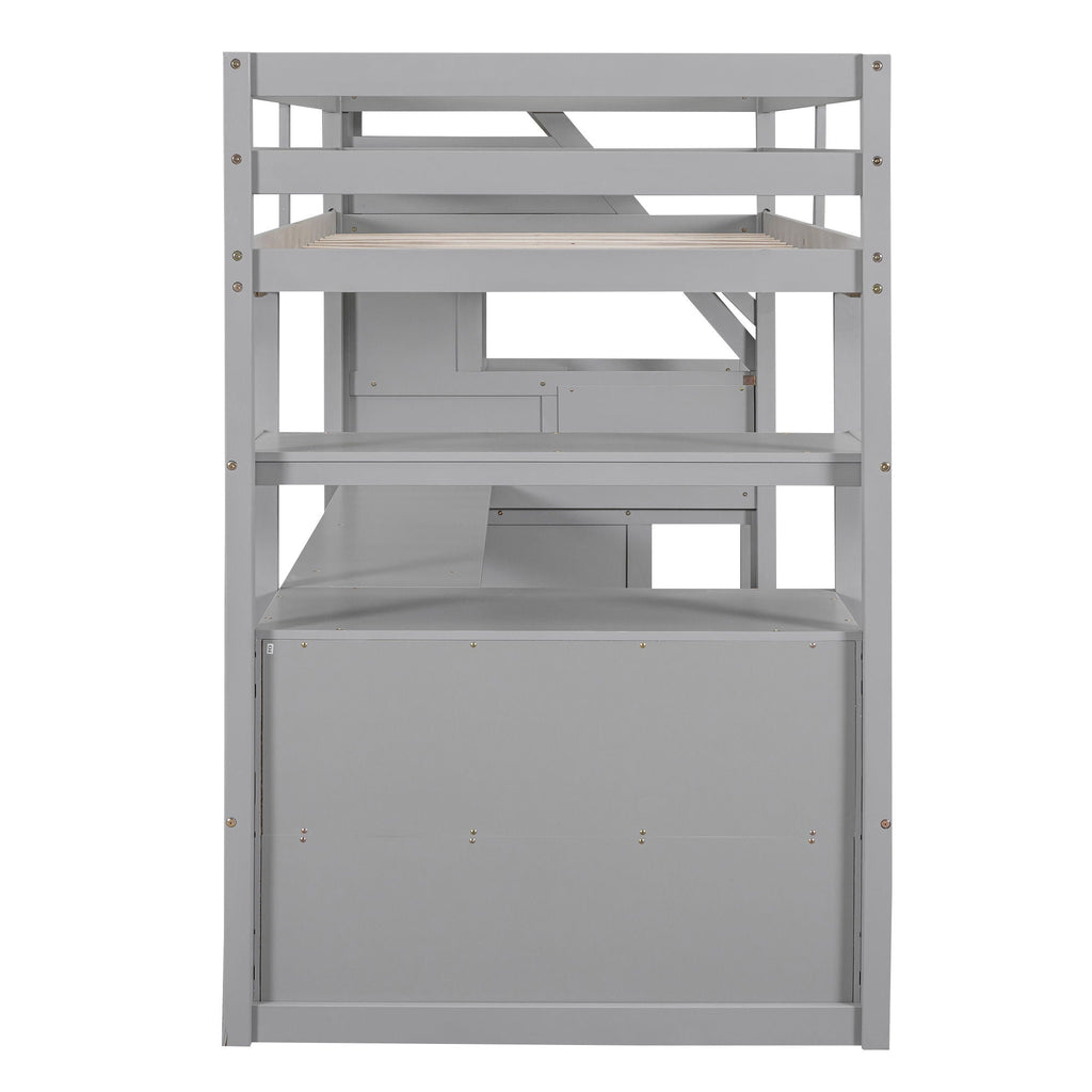 Loft Bed With Desk, Shelves, 2 Drawers, Storage Staircase