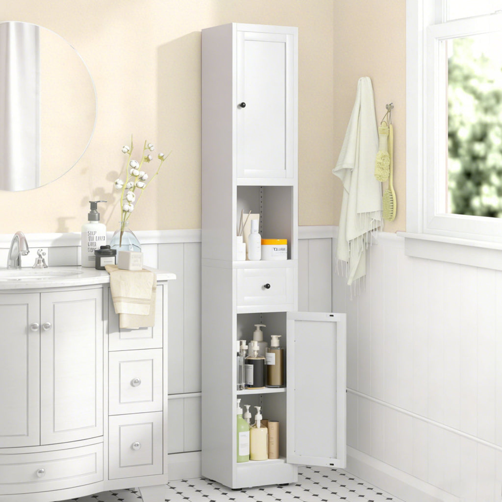 Tall Bathroom Storage Cabinet, 5-Tier Narrow With 2 Doors & Adjustable Shelves, Freestanding - White