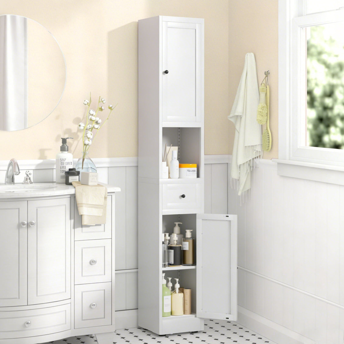 Tall Bathroom Storage Cabinet, 5-Tier Narrow With 2 Doors & Adjustable Shelves, Freestanding - White