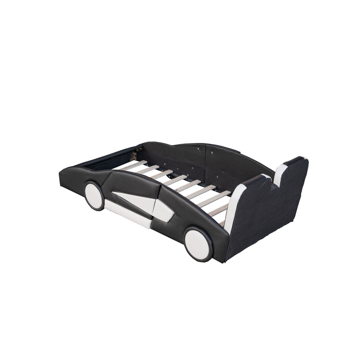 Race Car Shaped Twin Platform Bed With Wheels, Pine Wood Construction
