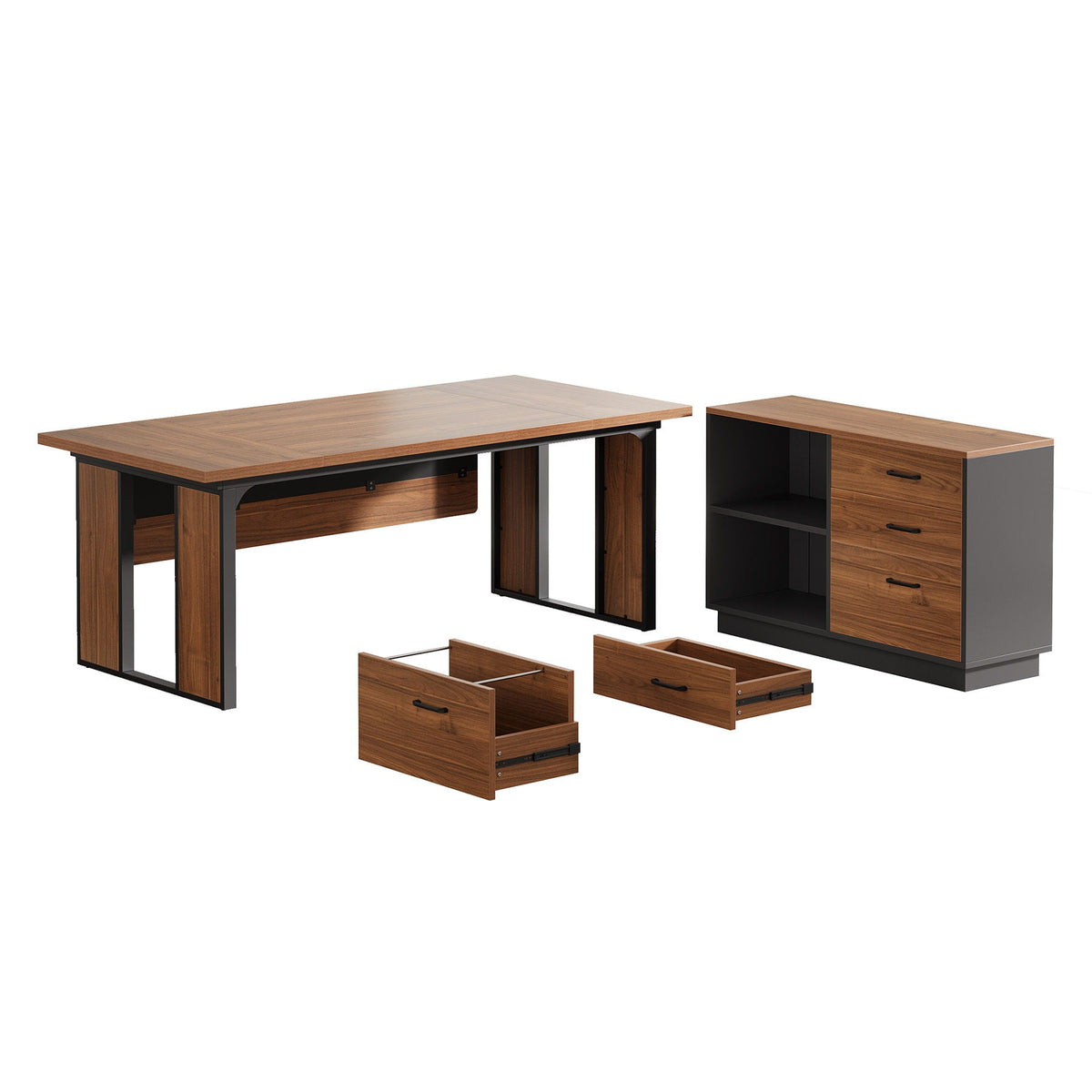 L-Shaped Executive Desk With File Cabinet, Office Computer Desk With Drawers & Open Shelves, Workstation For Home Office - Brown / Black