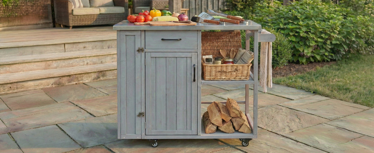 Outdoor Kitchen Island Fir Wood Prep Station with Stainless Steel Top