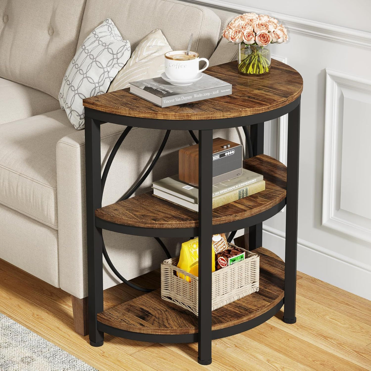 3 Tier Half Moon End Table, Space Saving Semi Circle - Deep Rustic Brown