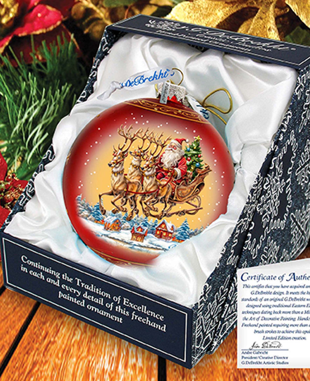 Santa on Sleigh Lg Glass Ornament by G.Debrekht - Christmas Santa Snowman Decor - 73938