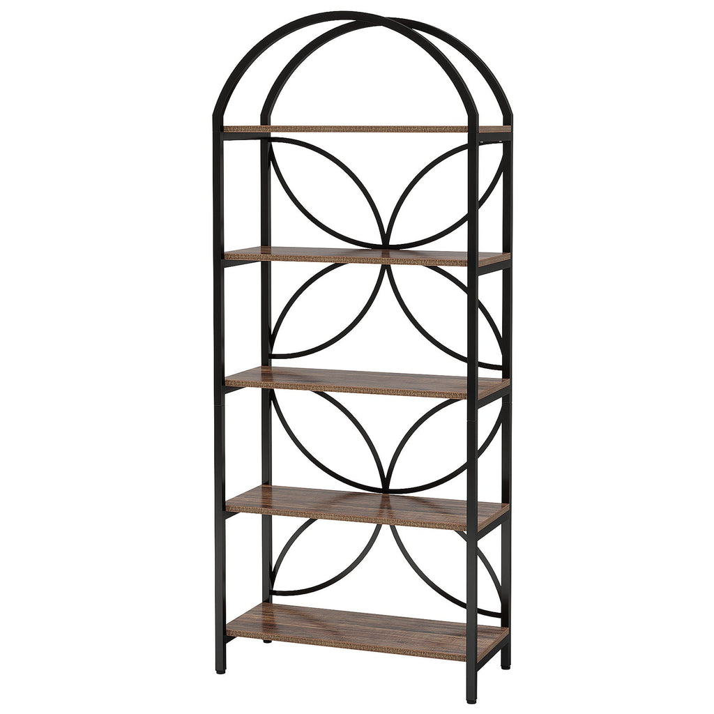 Tall 5 Tier Arched Bookshelf With Shelves For Living Room - Rustic Brown