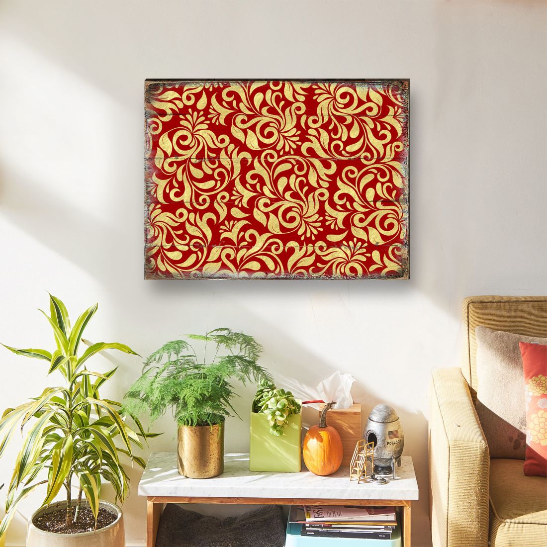 Red and Gold Floral Rustic Wooden Wall Art by G. DeBrekht - Floral Ornamental Decor - 95006B