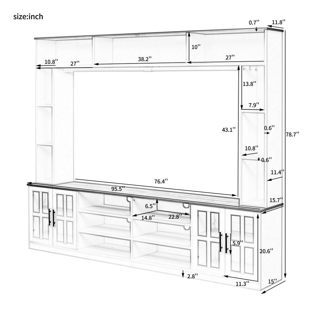 Wall Unit Entertainment Center With Bookshelves For TVs Up To 80", Tempered Glass Doors And Adjustable Shelves