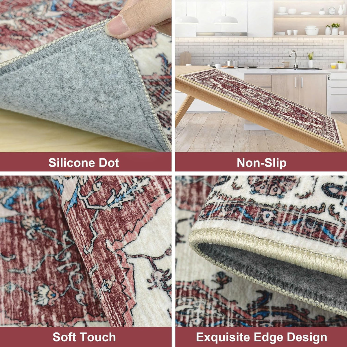 Non Slip Kitchen Rugs Sets of 3 Washable Kitchen Rug Boho Kitchen Mats for Floor Soft Kitchen Runner Rug Non Skid Kitchen Floor Carpet for Entryway Hallway Laundry Room, Brick Red