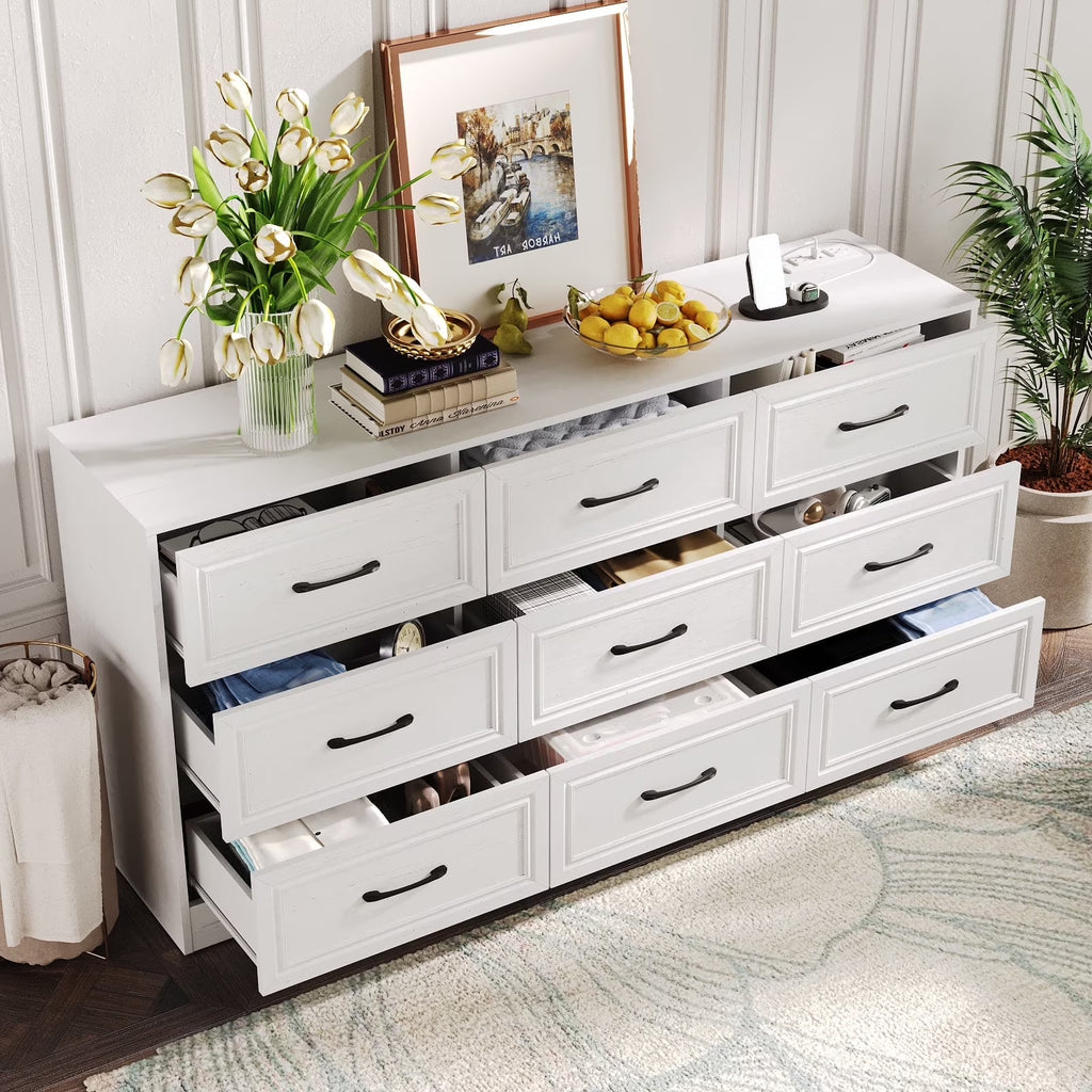 Dresser for Bedroom 9 Drawer Wide Dresser with Charging Station,Grey