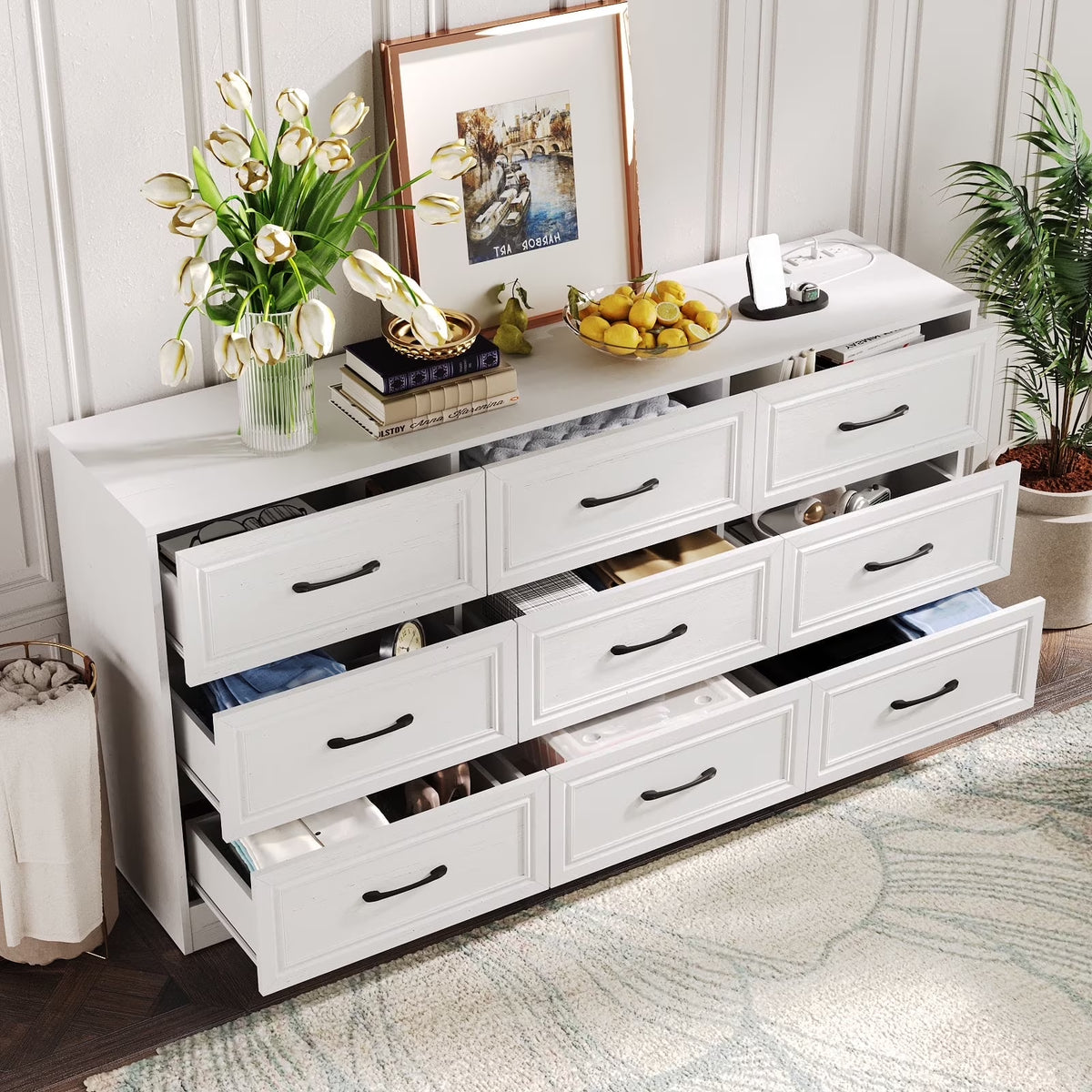 Dresser for Bedroom 9 Drawer Wide Dresser with Charging Station,Grey