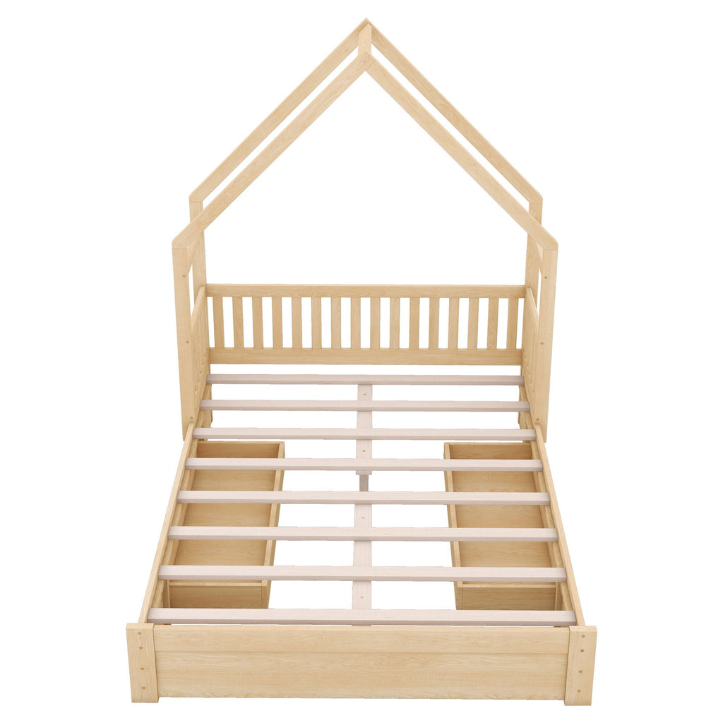 House Style Platform Bed With Guardrail And 2 Drawers