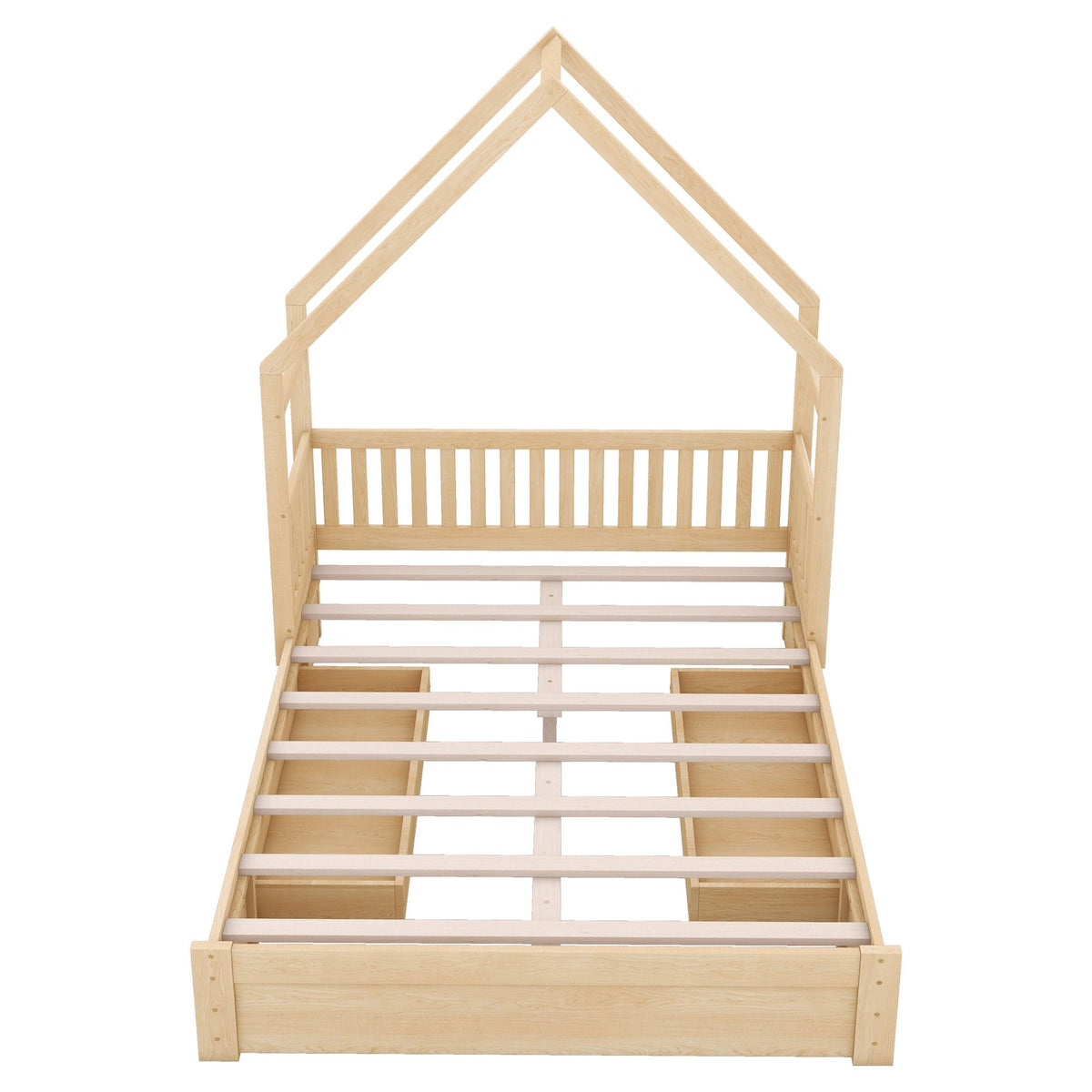 House Style Platform Bed With Guardrail And 2 Drawers
