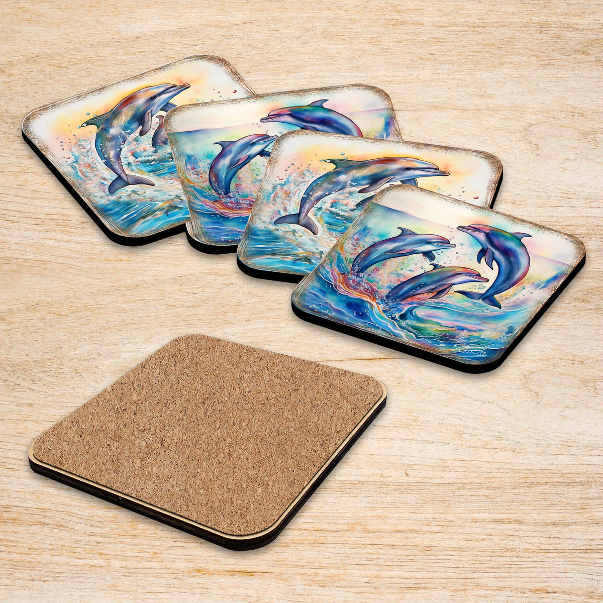 Dolphins Wooden Cork Coasters Gift Set of 4 by G. Debrekht - Coastal Holiday Decor  - 8199450-3C-S4