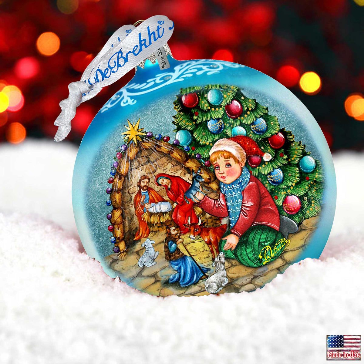 Nativity by the Christmas Tree Lg Glass Ornament in Blue by G.Debrekht - Christmas Decor - 73930B